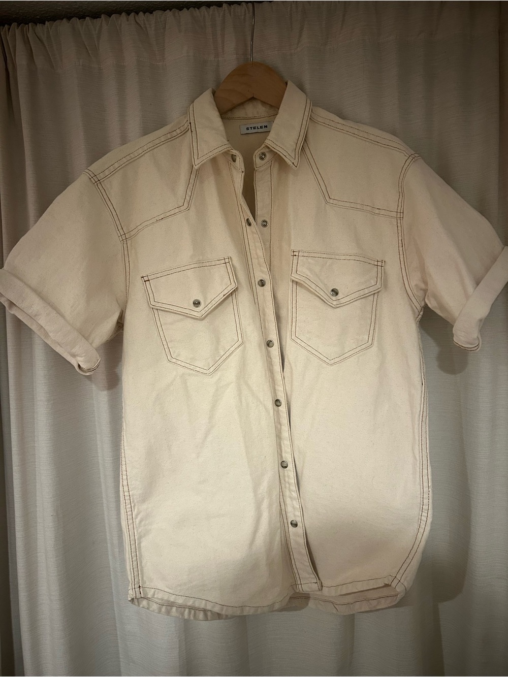 Cream Short-Sleeve Utility Shirt Jacket